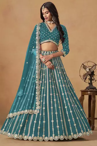 Teal Art Silk Heavy Thread Embroidery Gota Work Lehenga Choli