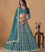 Teal Art Silk Heavy Thread Embroidery Gota Work Lehenga Choli