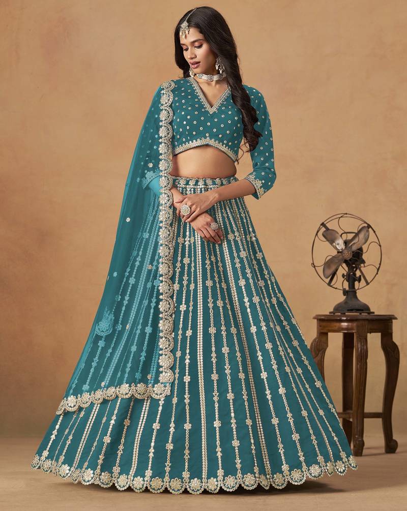 Teal Art Silk Heavy Thread Embroidery Gota Work Lehenga Choli