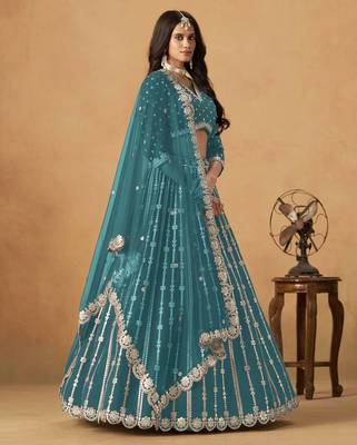 Teal Art Silk Heavy Thread Embroidery Gota Work Lehenga Choli 2