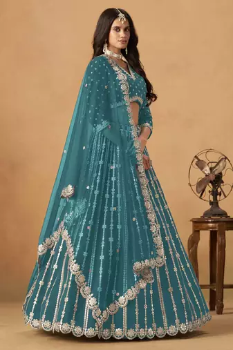 Teal Art Silk Heavy Thread Embroidery Gota Work Lehenga Choli