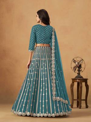 Teal Art Silk Heavy Thread Embroidery Gota Work Lehenga Choli 3