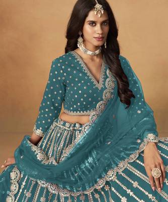 Teal Art Silk Heavy Thread Embroidery Gota Work Lehenga Choli 4