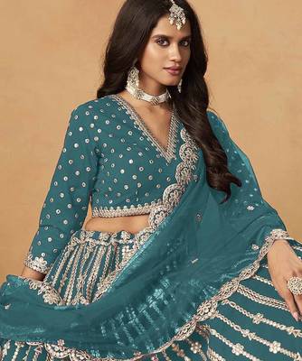 Teal Art Silk Heavy Thread Embroidery Gota Work Lehenga Choli 5