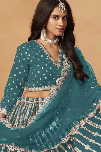 Teal Art Silk Heavy Thread Embroidery Gota Work Lehenga Choli