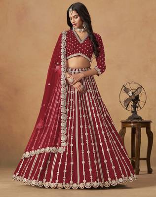 Red Art Silk Heavy Thread Embroidery Gota Work Lehenga Choli 1