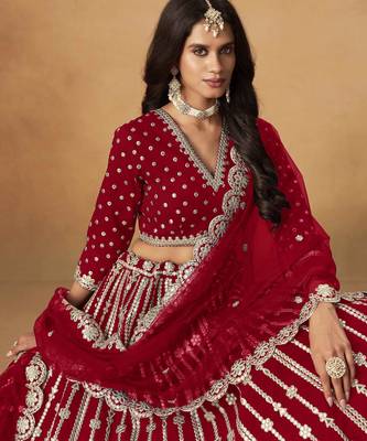 Red Art Silk Heavy Thread Embroidery Gota Work Lehenga Choli 4