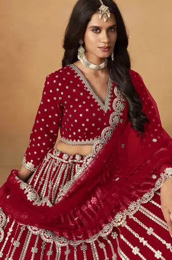 Red Art Silk Heavy Thread Embroidery Gota Work Lehenga Choli