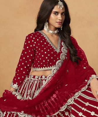 Red Art Silk Heavy Thread Embroidery Gota Work Lehenga Choli 5