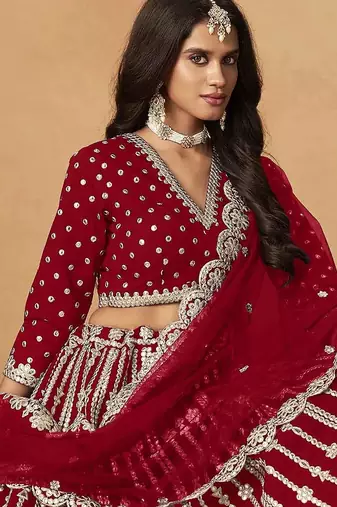 Red Art Silk Heavy Thread Embroidery Gota Work Lehenga Choli