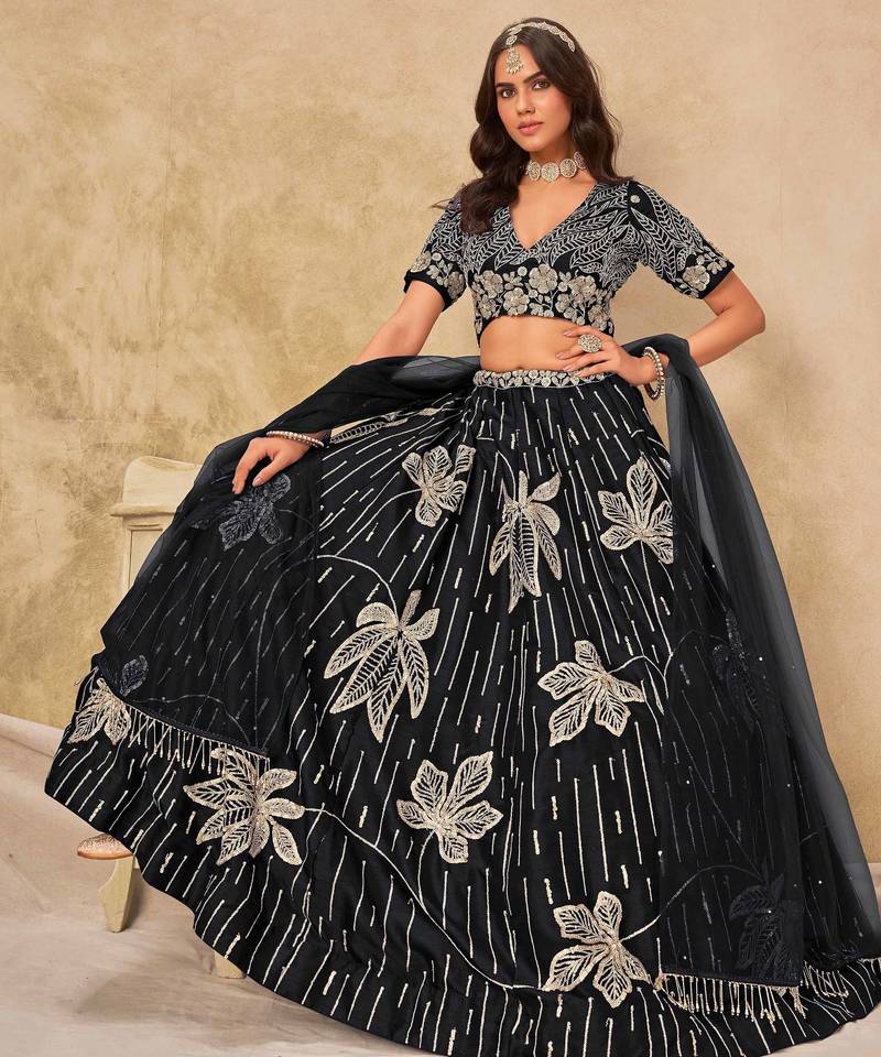 Black Art Silk Heavy Thread Embroidery with Sequins Work Lehenga Choli