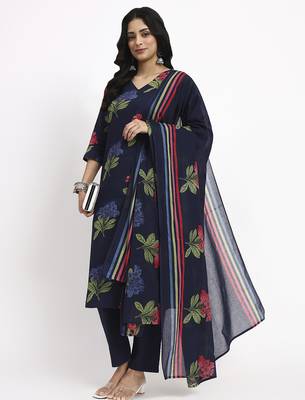 navy blue cotton straight kurta pant dupatta set 1