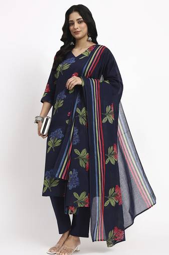 navy blue cotton straight kurta pant dupatta set