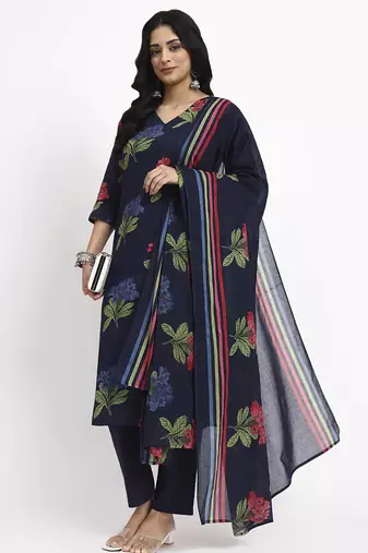 Yufta navy blue cotton straight kurta pant dupatta set