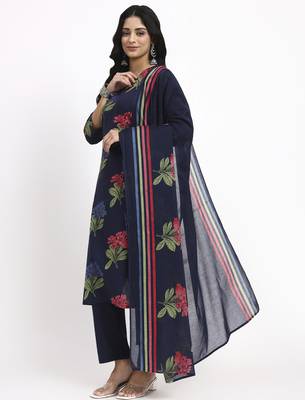 navy blue cotton straight kurta pant dupatta set 2