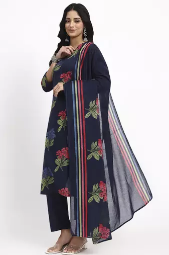 navy blue cotton straight kurta pant dupatta set