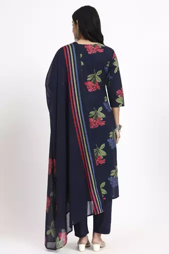 navy blue cotton straight kurta pant dupatta set