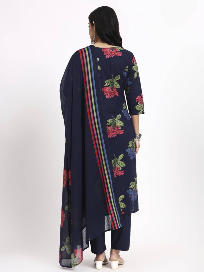 navy blue cotton straight kurta pant dupatta set