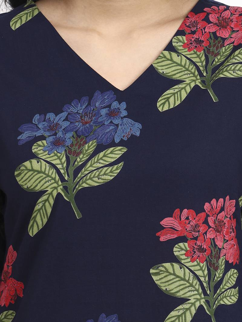 navy blue cotton straight kurta pant dupatta set