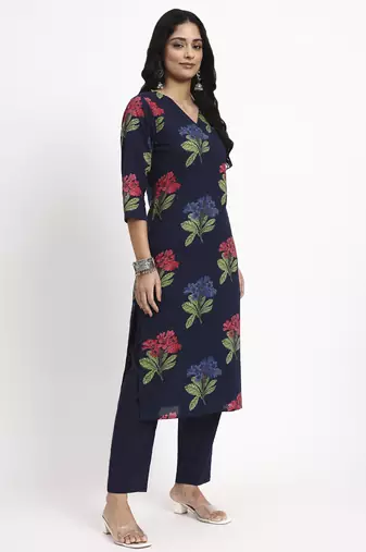 navy blue cotton straight kurta pant dupatta set