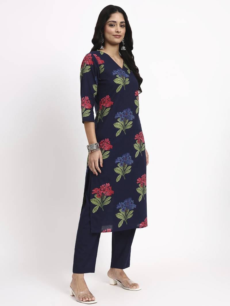 navy blue cotton straight kurta pant dupatta set