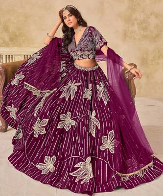 Wine Art Silk Heavy Thread Embroidery with Sequins Work Lehenga Choli 5