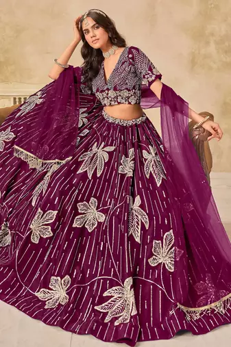 Wine Art Silk Heavy Thread Embroidery with Sequins Work Lehenga Choli