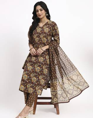 brown cotton straight kurta pant dupatta set 1