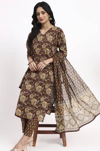 brown cotton straight kurta pant dupatta set