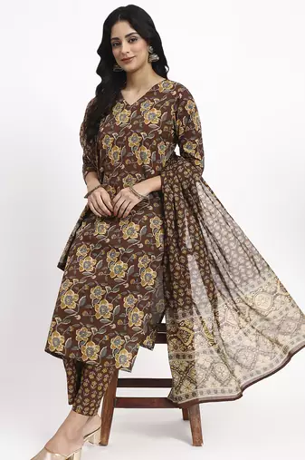 Yufta brown cotton straight kurta pant dupatta set
