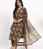 brown cotton straight kurta pant dupatta set