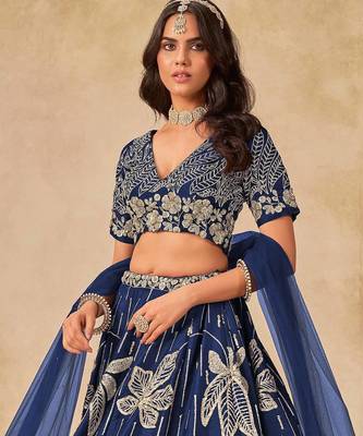 Navy Blue Art Silk Heavy Thread Embroidery with Sequins Work Lehenga Choli 2