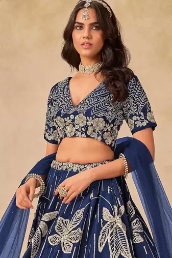 Navy Blue Art Silk Heavy Thread Embroidery with Sequins Work Lehenga Choli