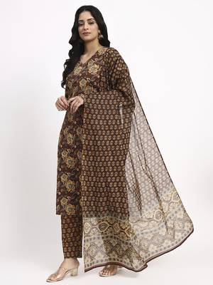 brown cotton straight kurta pant dupatta set 2