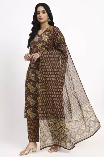 brown cotton straight kurta pant dupatta set