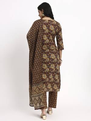 brown cotton straight kurta pant dupatta set 3