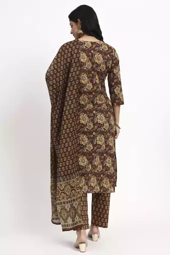 brown cotton straight kurta pant dupatta set