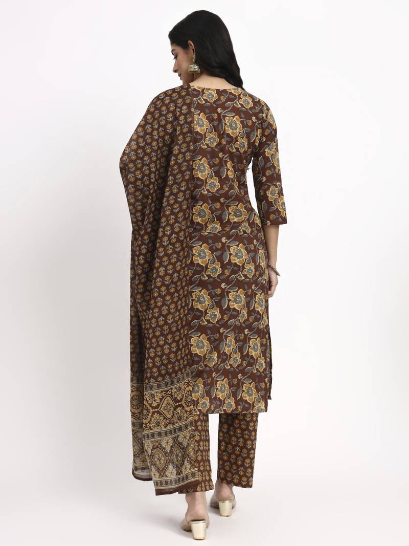 brown cotton straight kurta pant dupatta set