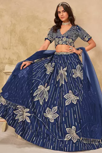 Navy Blue Art Silk Heavy Thread Embroidery with Sequins Work Lehenga Choli