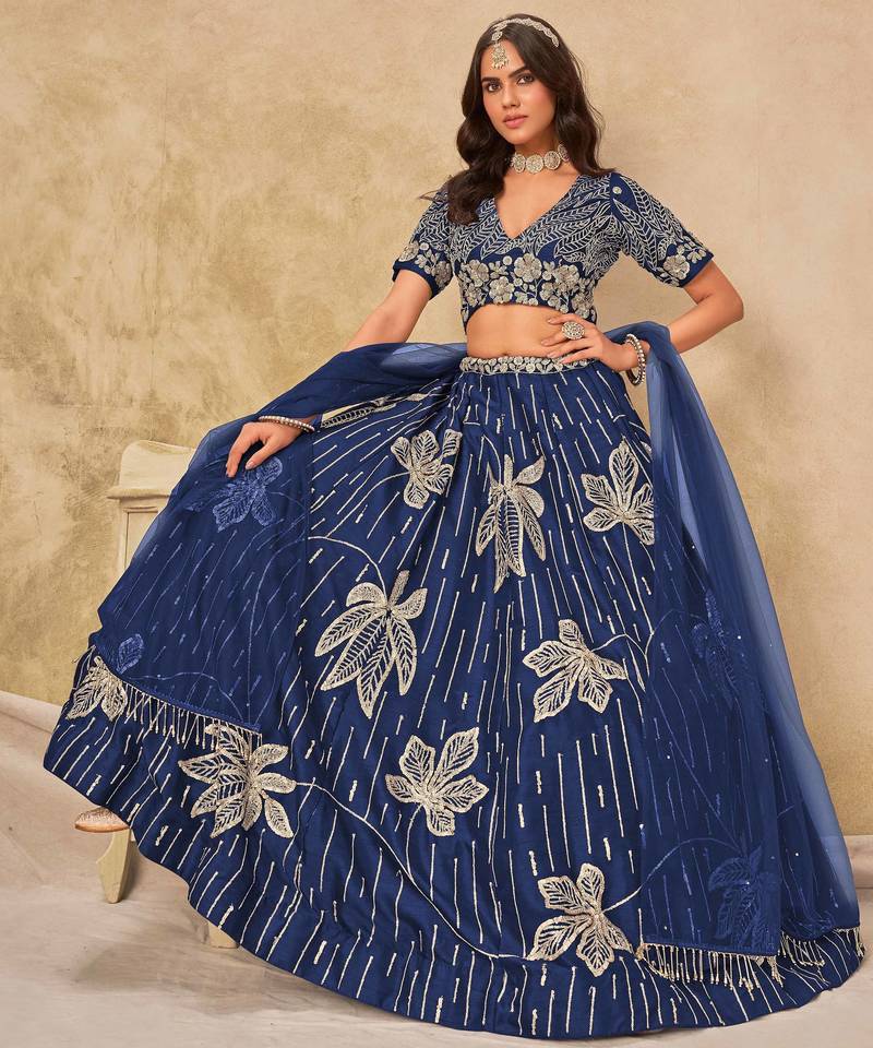 Navy Blue Art Silk Heavy Thread Embroidery with Sequins Work Lehenga Choli