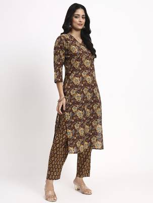 brown cotton straight kurta pant dupatta set 5