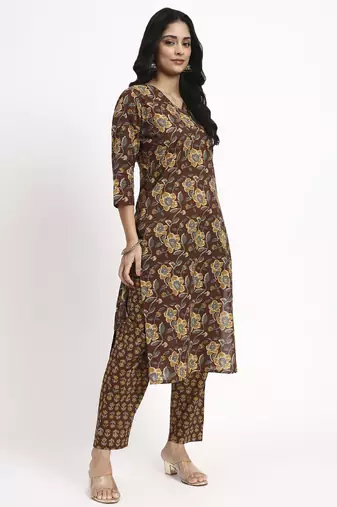 brown cotton straight kurta pant dupatta set