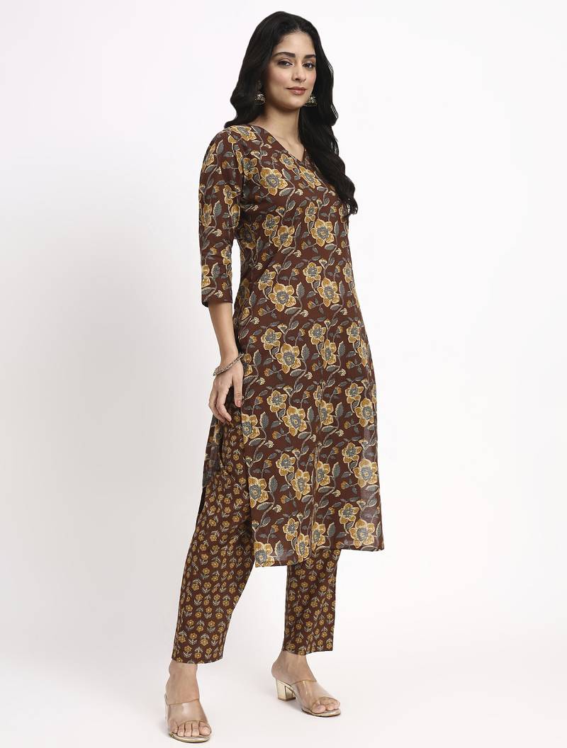 brown cotton straight kurta pant dupatta set