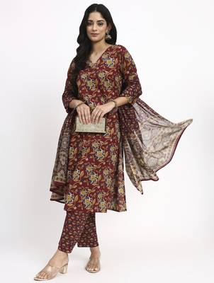 burgundy cotton straight kurta pant dupatta set 1