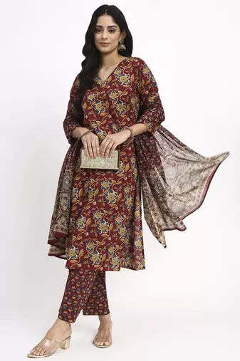 Yufta burgundy cotton straight kurta pant dupatta set