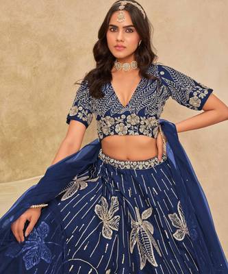 Navy Blue Art Silk Heavy Thread Embroidery with Sequins Work Lehenga Choli 3