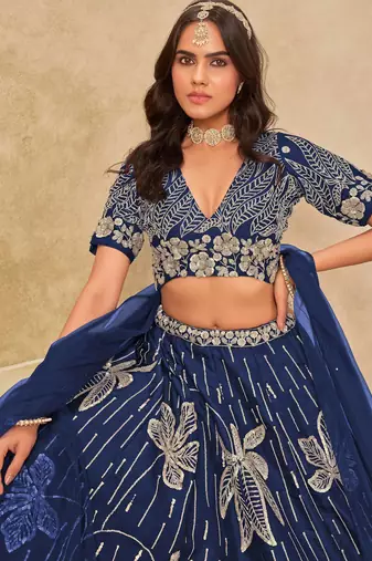 Navy Blue Art Silk Heavy Thread Embroidery with Sequins Work Lehenga Choli