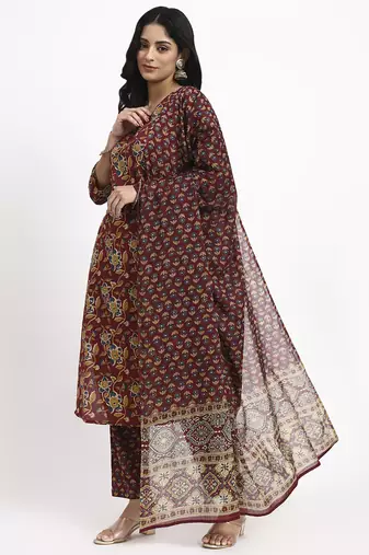 burgundy cotton straight kurta pant dupatta set