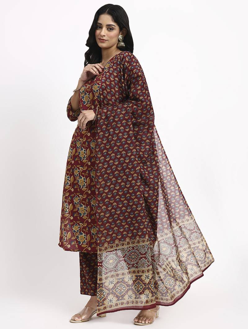 burgundy cotton straight kurta pant dupatta set