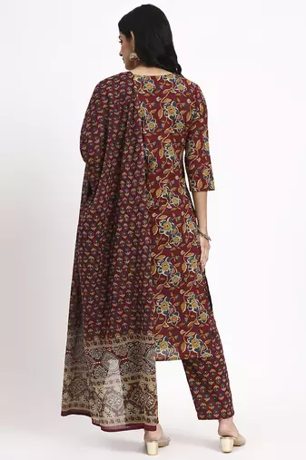 burgundy cotton straight kurta pant dupatta set